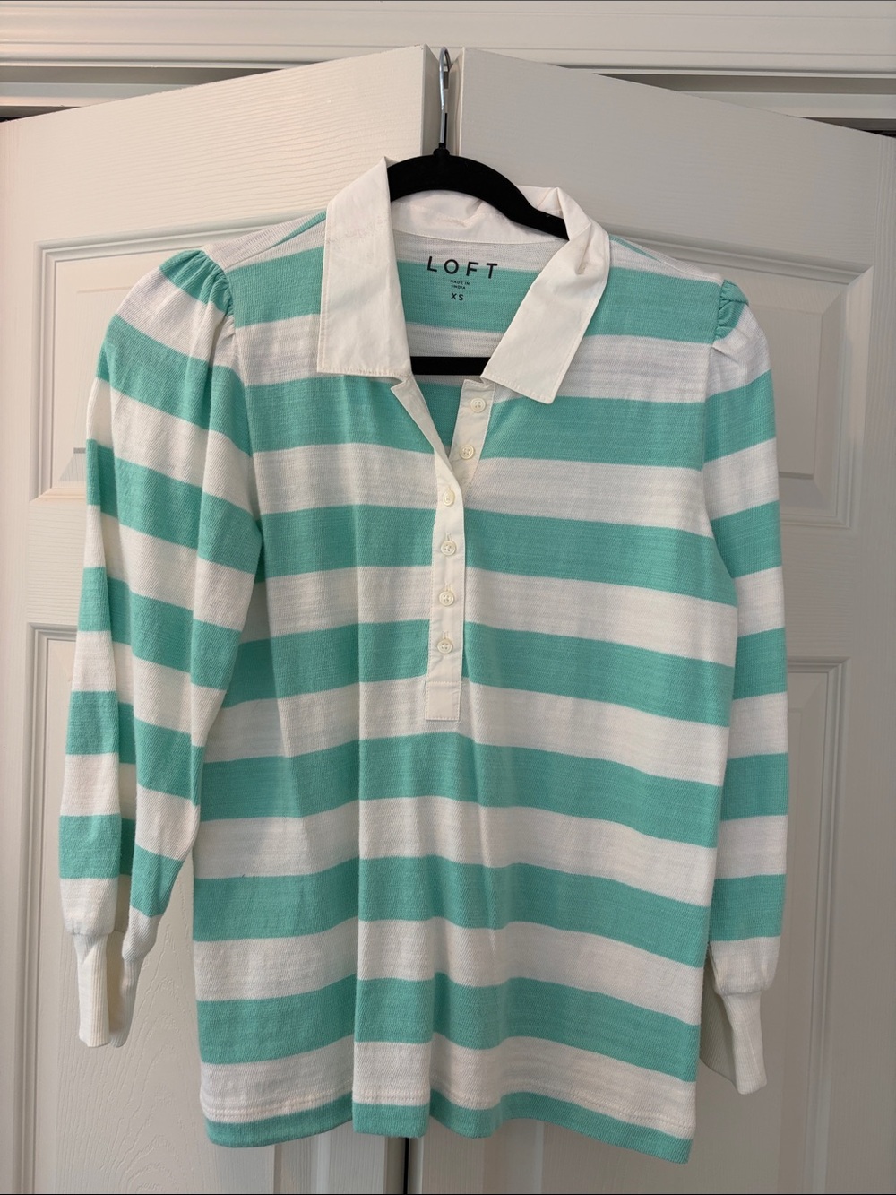 LOFT Mint and White Striped Long-Sleeve Polo